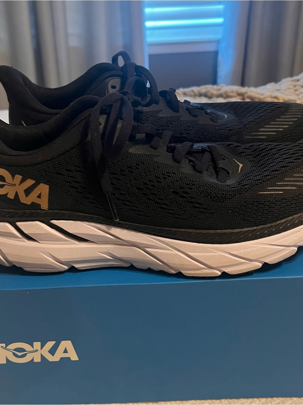 Hoka One One Clifton 7 Women's Black and White Running Sneakers Gold Logo 8.5